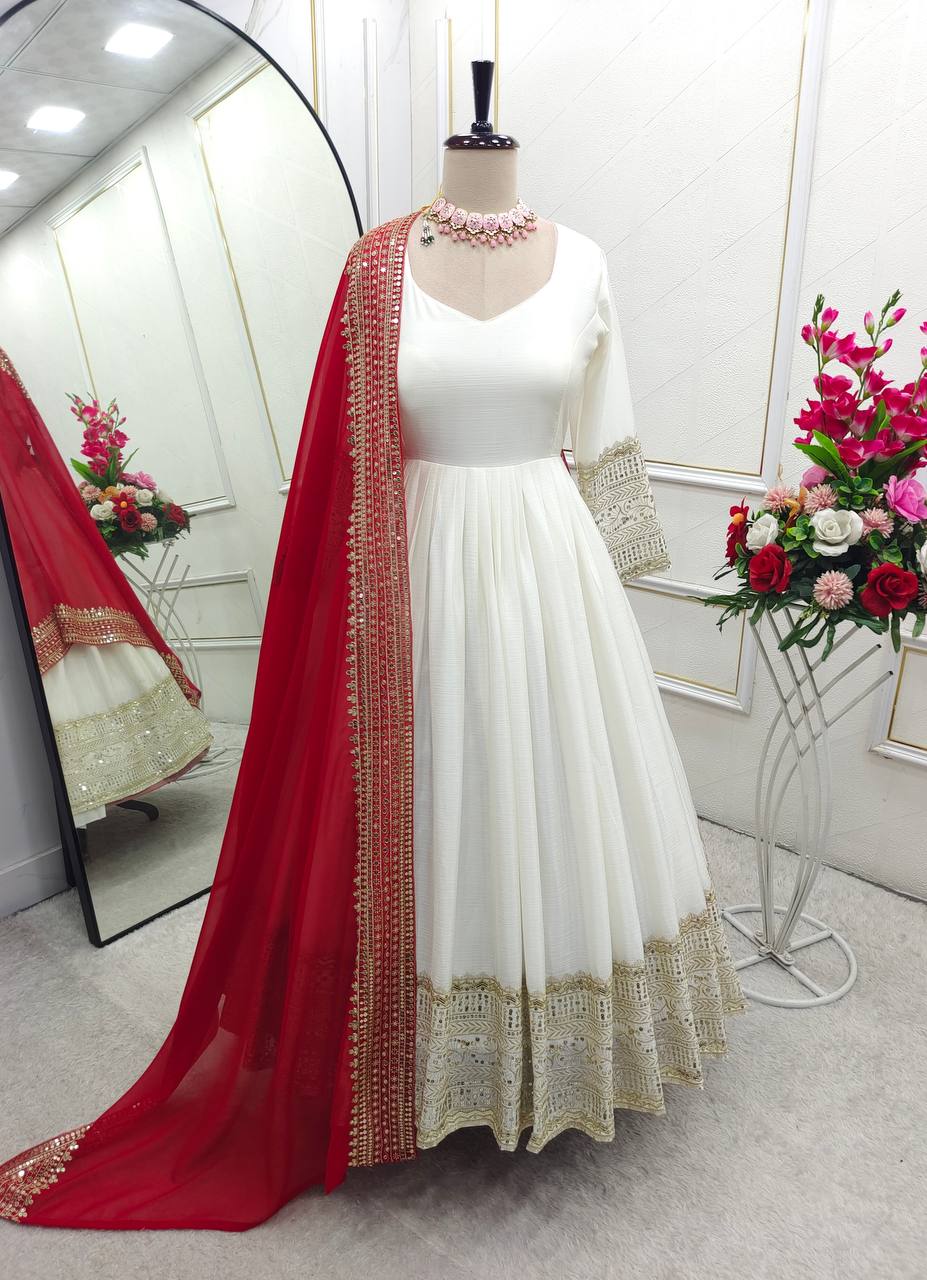 Gorgeous White Color Embroidered Designer Gown Set