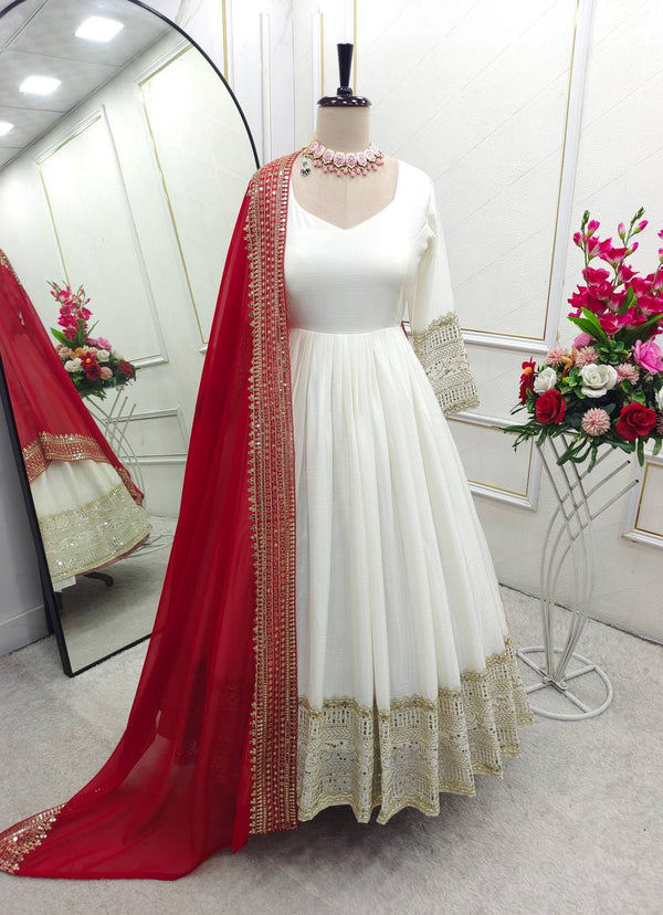 Gorgeous White Color Embroidered Designer Gown Set