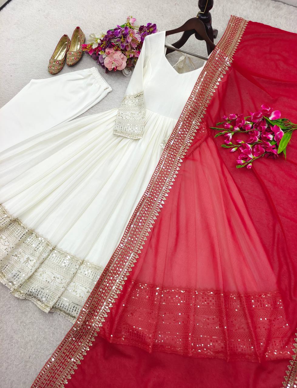 Gorgeous White Color Embroidered Designer Gown Set