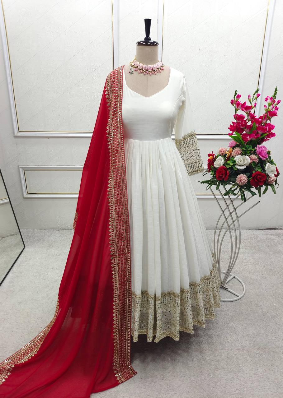 Gorgeous White Color Embroidered Designer Gown Set