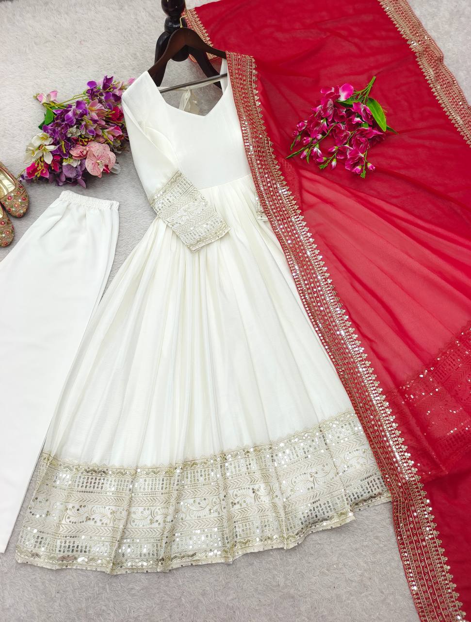 Gorgeous White Color Embroidered Designer Gown Set