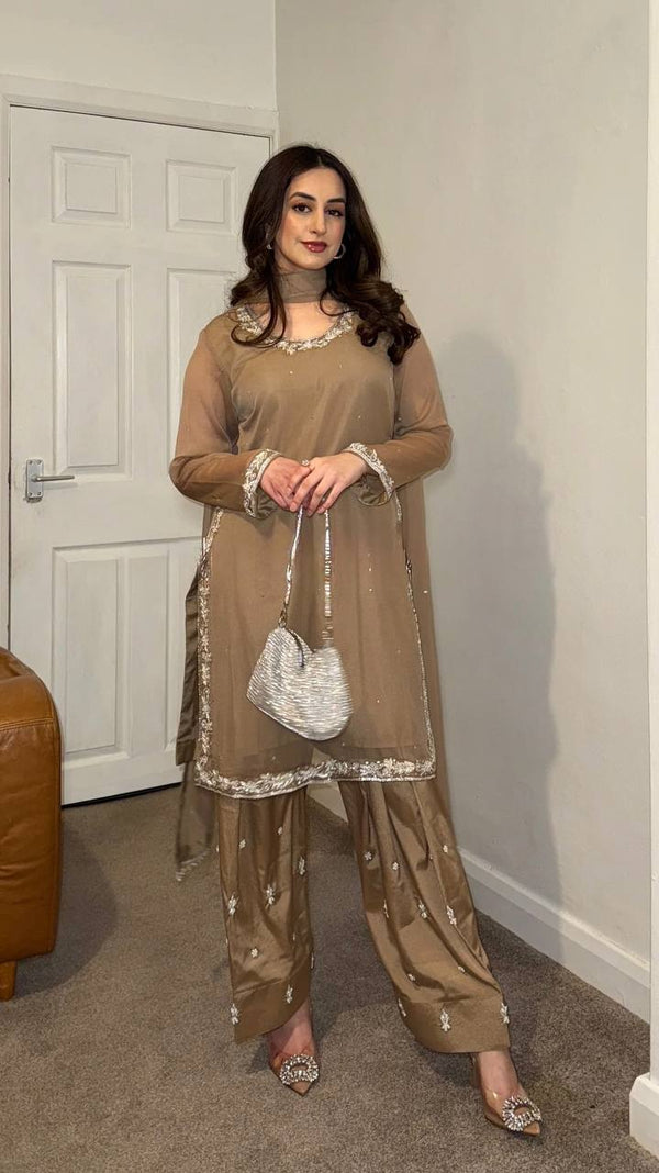 Bollywood Style Brown Color Faux Georgette With Embroidery Work Palazzo Suit