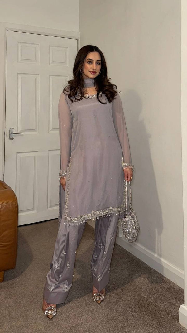 Bollywood Style Grey Color Faux Georgette With Embroidery Work Palazzo Suit