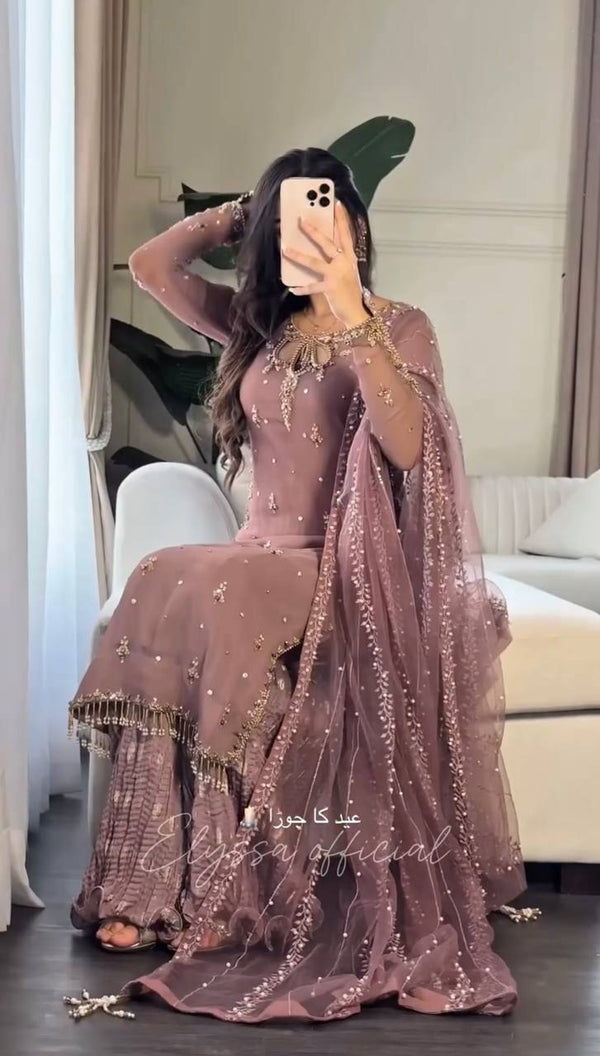 Exclusive Brown Color Heavy Faux Georgette With Heavy Embroidery Sequence Work