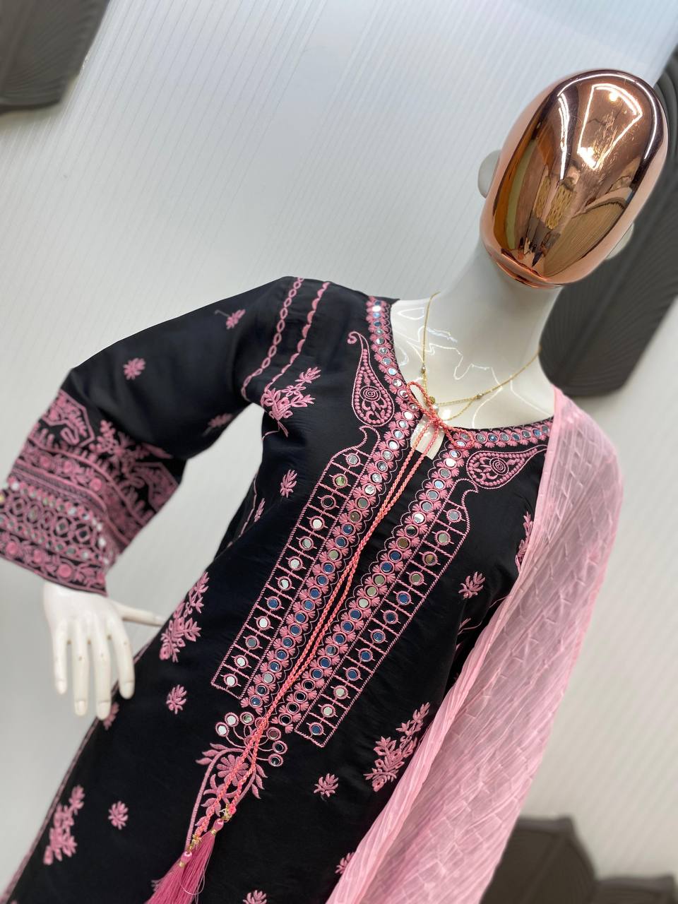 Designer Black Color Silk Kurti And Plazzo Set With Dupatta