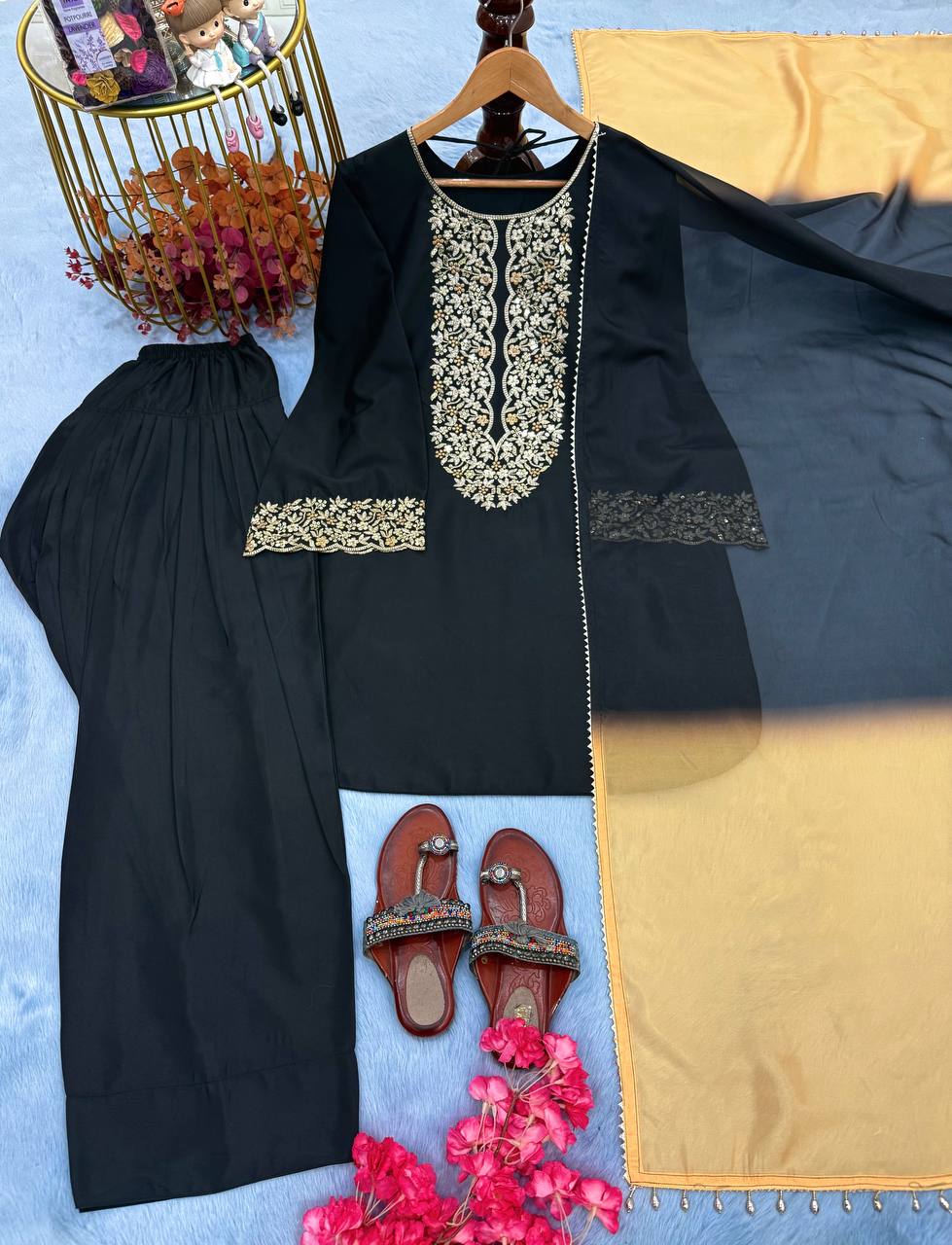 Party Wear Black Color Embroidery Work 3-Piece Palazzo Set