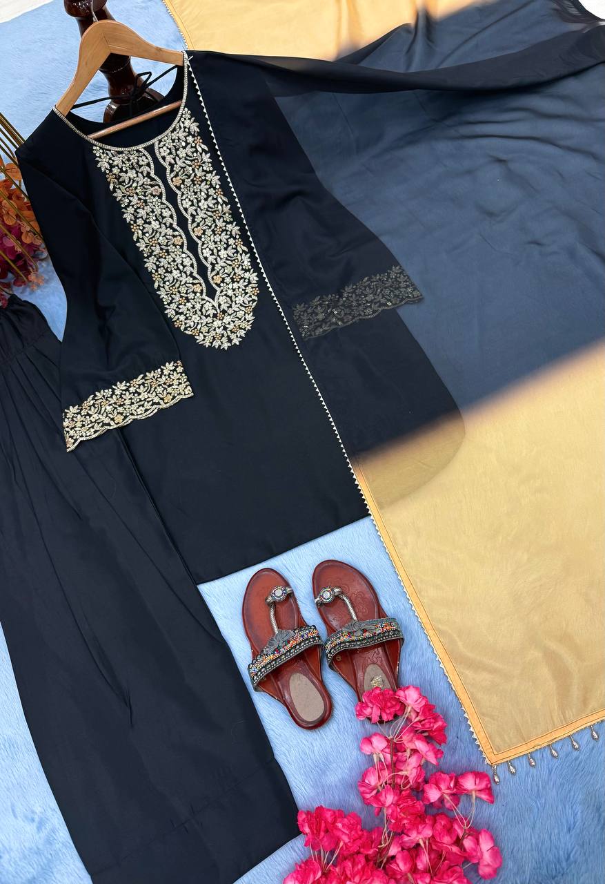 Party Wear Black Color Embroidery Work 3-Piece Palazzo Set