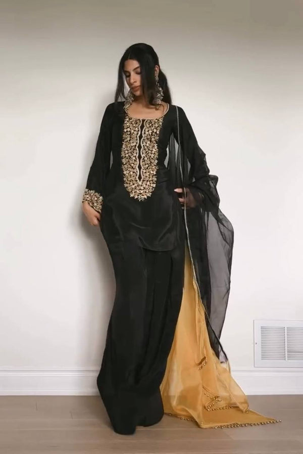 Party Wear Black Color Embroidery Work 3-Piece Palazzo Set