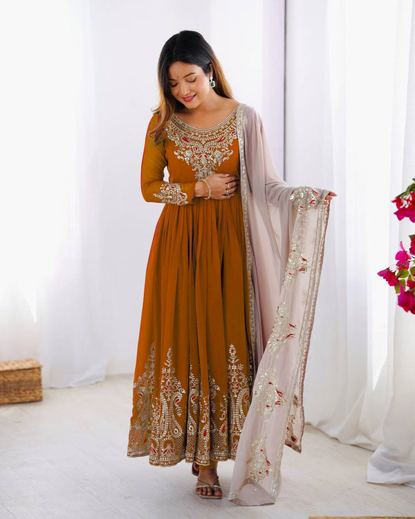 Reception Wear Mustard Color Georgette With Multi Thread Embroidery Sequence Work Designer Gown