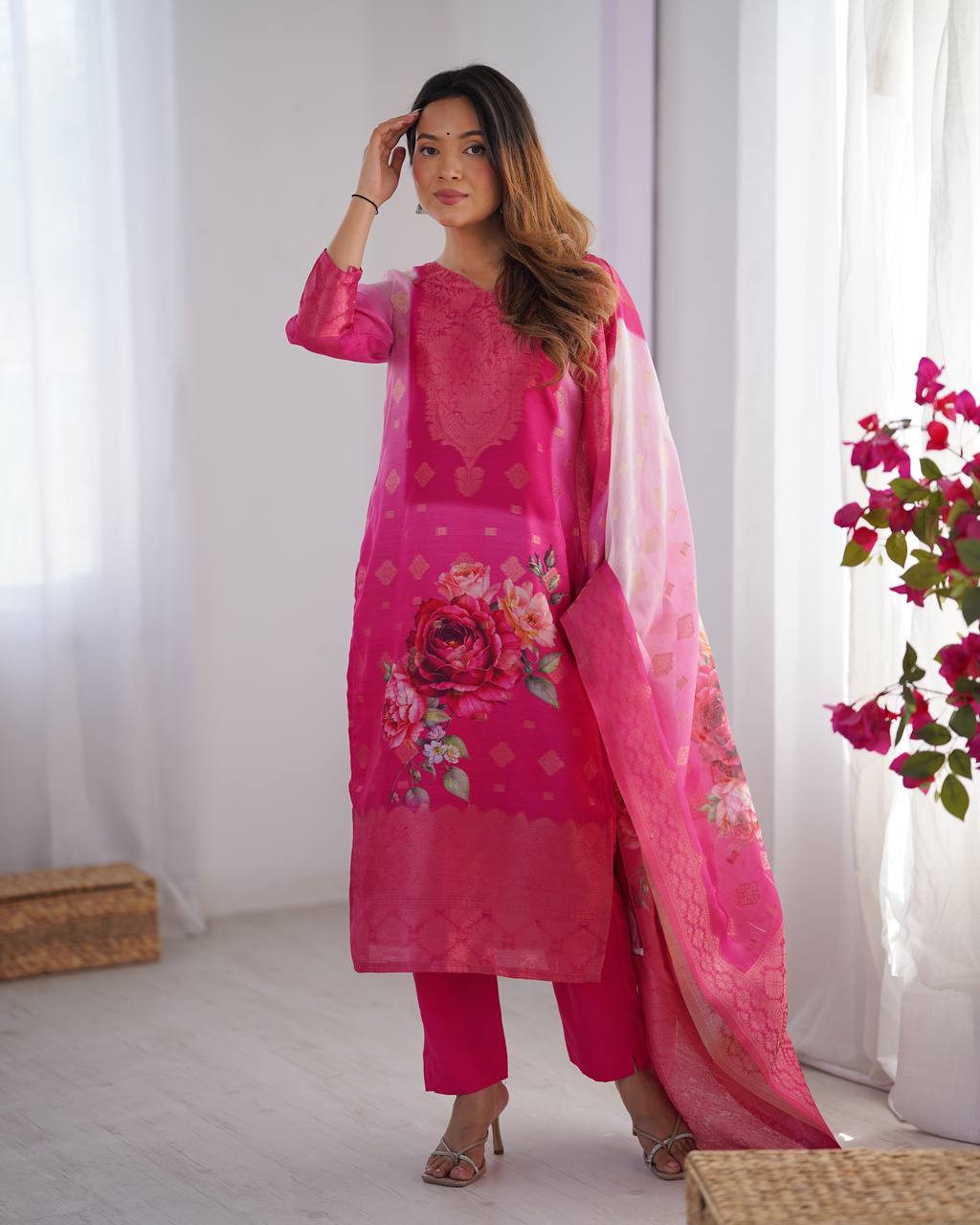 Function Wear Pink Color Chanderi Silk Jacquard Work With Digital Printed Salwar Suit