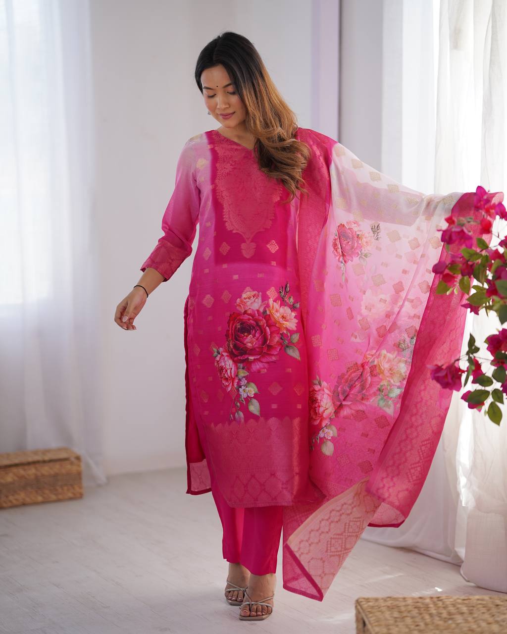 Function Wear Pink Color Chanderi Silk Jacquard Work With Digital Printed Salwar Suit