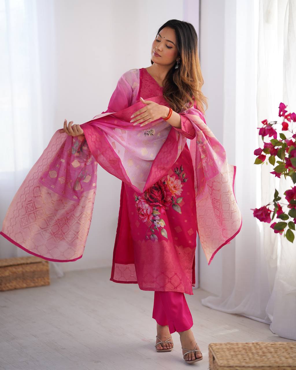 Function Wear Pink Color Chanderi Silk Jacquard Work With Digital Printed Salwar Suit