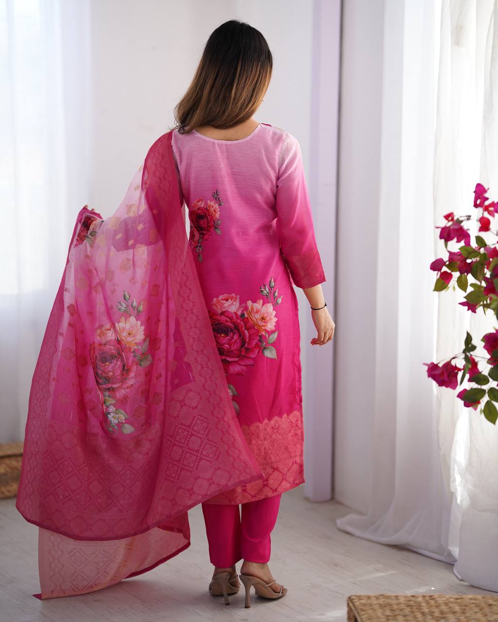 Function Wear Pink Color Chanderi Silk Jacquard Work With Digital Printed Salwar Suit