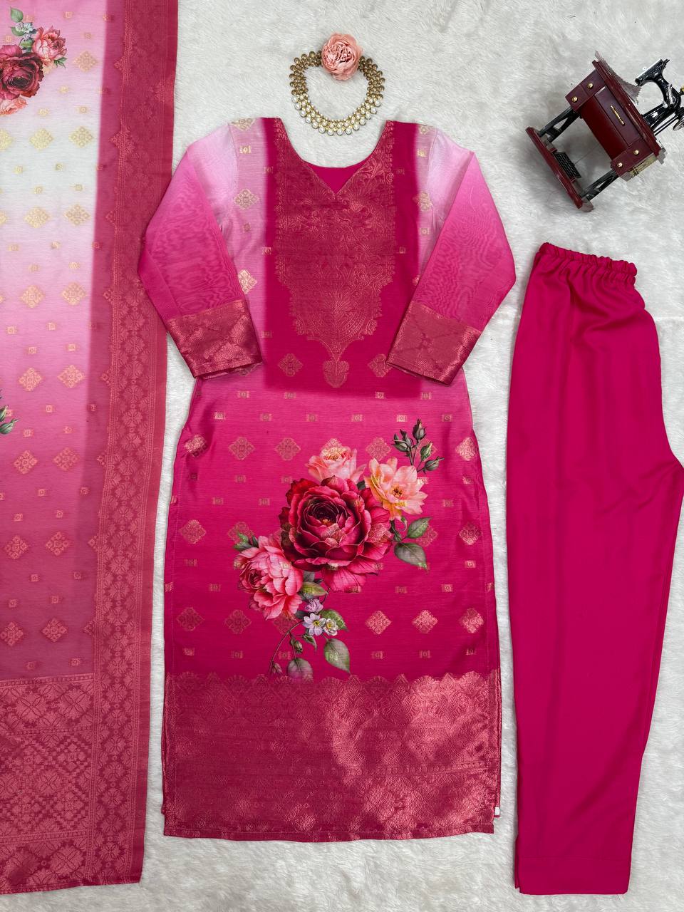 Function Wear Pink Color Chanderi Silk Jacquard Work With Digital Printed Salwar Suit