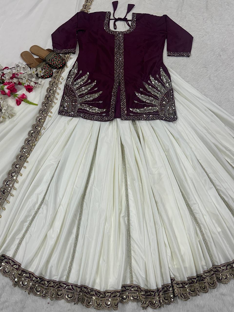 Blissful Wine And White Color Natural Crepe Silk With Bids Hand Work Beautiful Lehenga Suit
