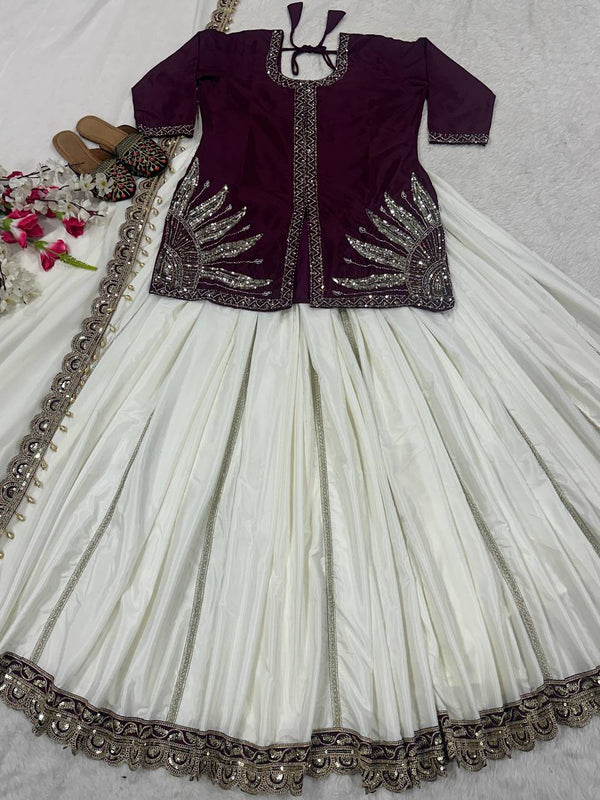 Blissful Wine And White Color Natural Crepe Silk With Bids Hand Work Beautiful Lehenga Suit