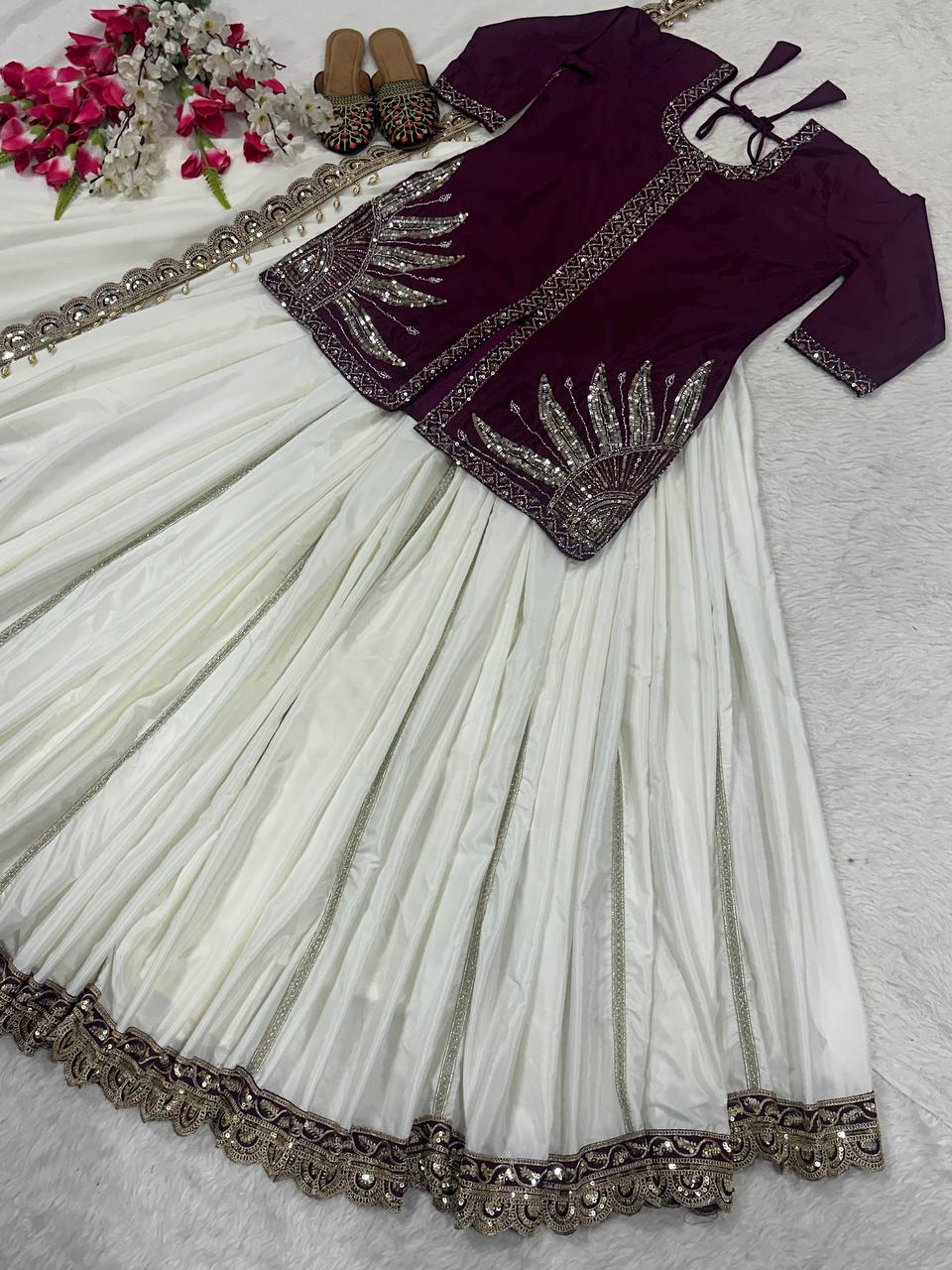 Blissful Wine And White Color Natural Crepe Silk With Bids Hand Work Beautiful Lehenga Suit