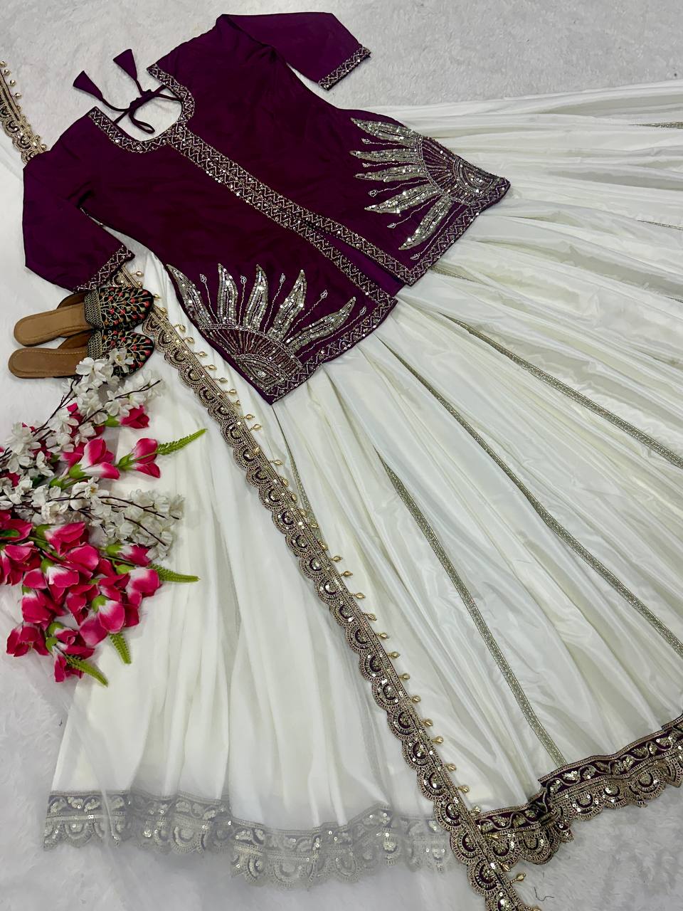 Blissful Wine And White Color Natural Crepe Silk With Bids Hand Work Beautiful Lehenga Suit