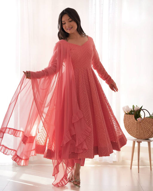Exclusive Peach Color Heavy Pure Soft Faux Georgette Lucknowi Sequence Work Anarkali Gown