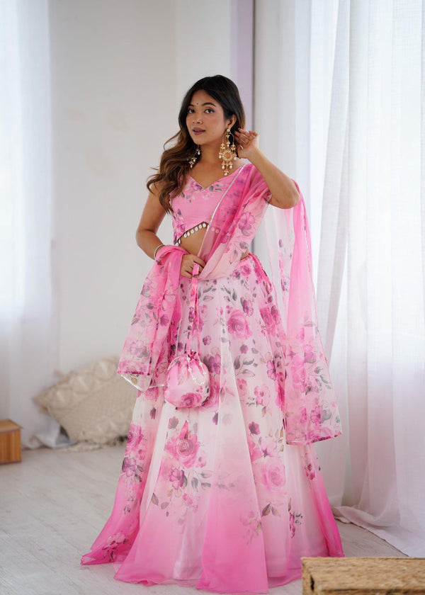Arti Chauhan's Baby Pink Color Silk Digital Print Lehenga Set With Batwa