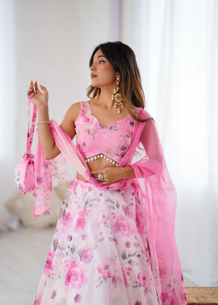 Arti Chauhan's Baby Pink Color Silk Digital Print Lehenga Set With Batwa