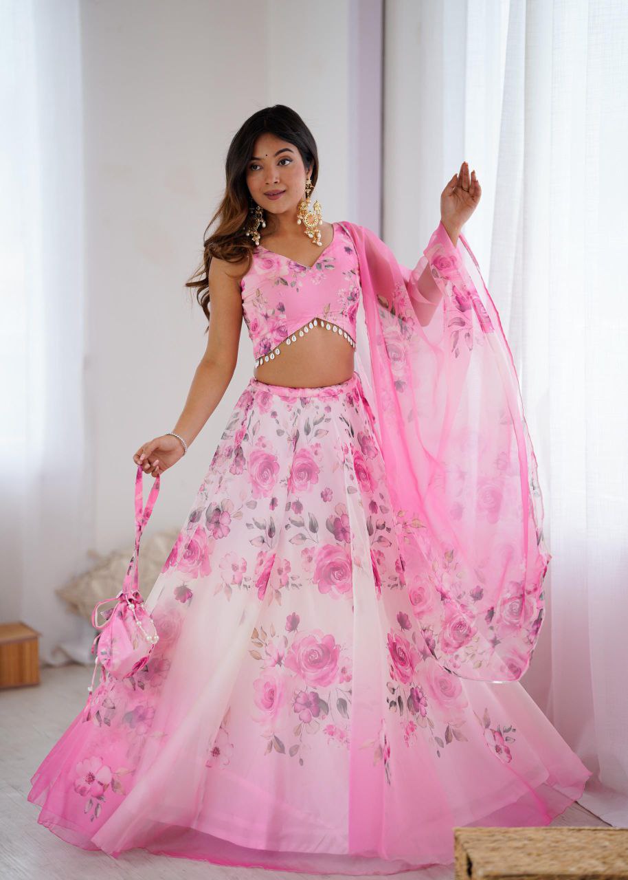 Arti Chauhan's Baby Pink Color Silk Digital Print Lehenga Set With Batwa