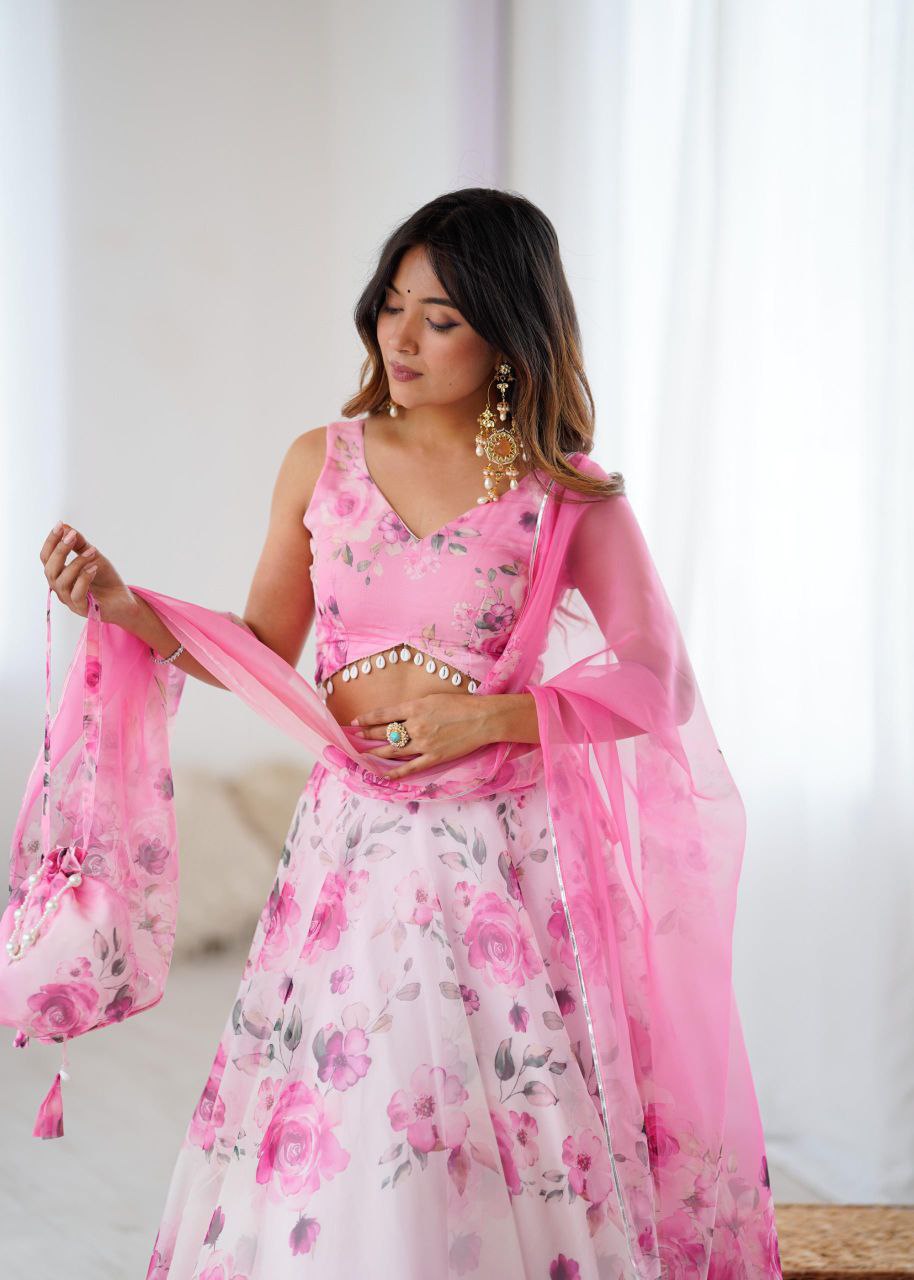 Arti Chauhan's Baby Pink Color Silk Digital Print Lehenga Set With Batwa
