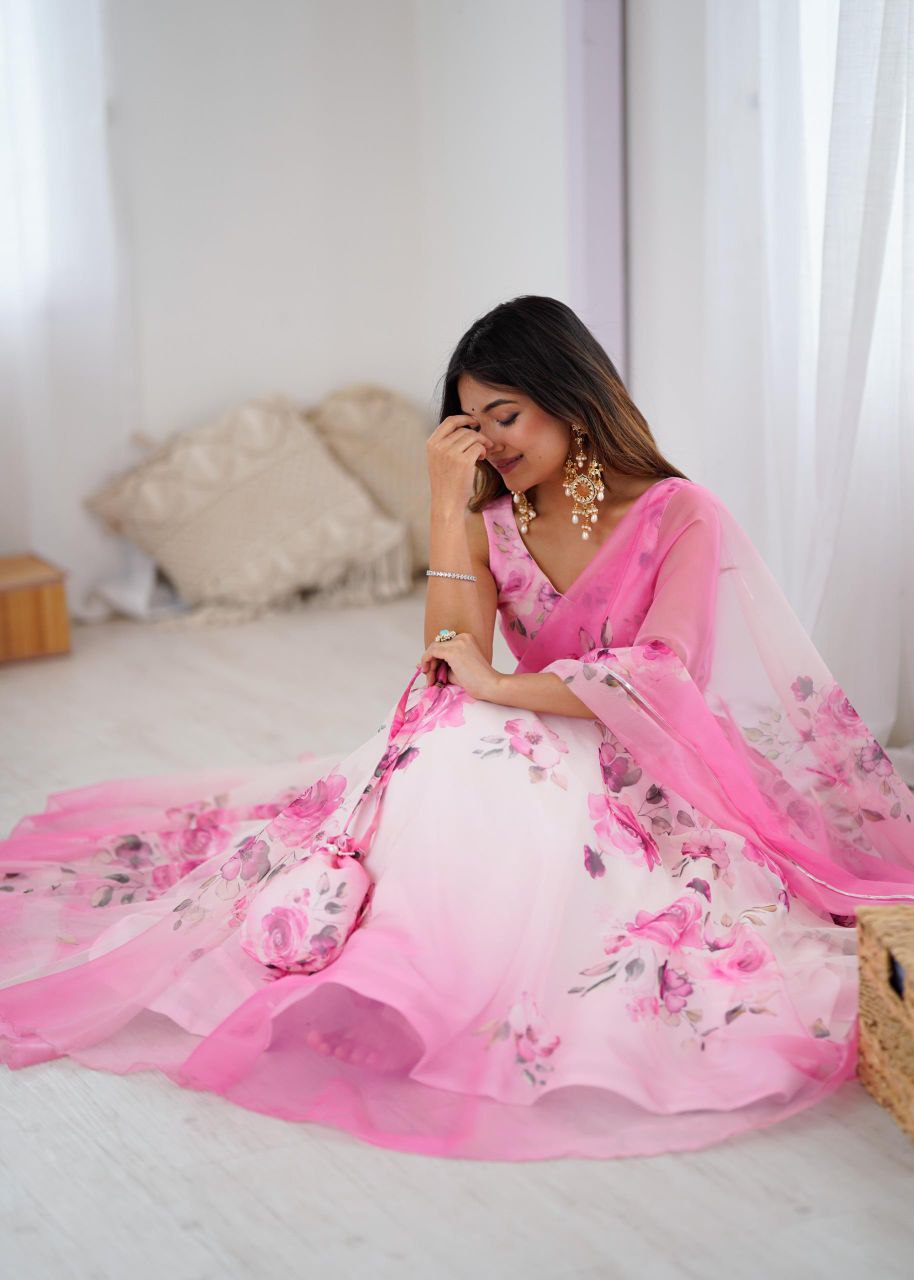Arti Chauhan's Baby Pink Color Silk Digital Print Lehenga Set With Batwa