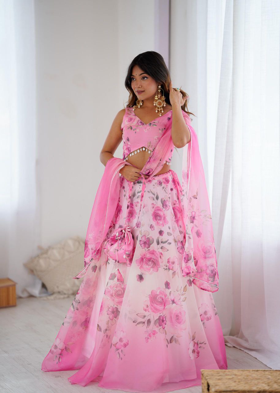 Arti Chauhan's Baby Pink Color Silk Digital Print Lehenga Set With Batwa