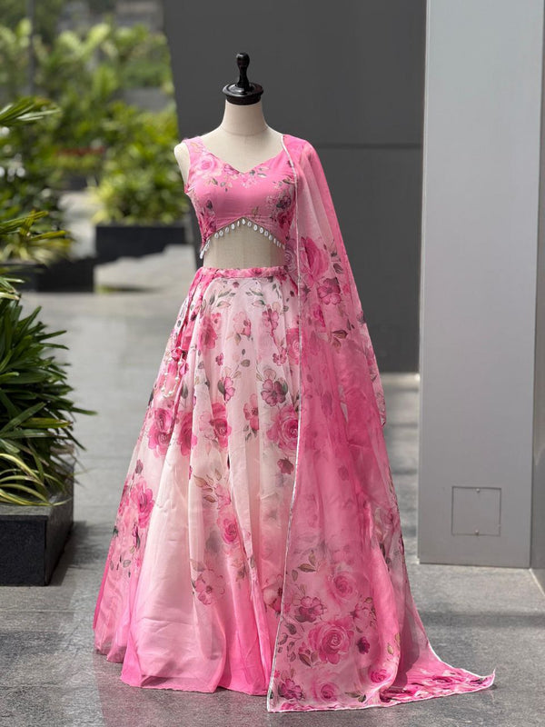 Elegant Baby Pink Color Silk Digital Print Lehenga Set With Batwa