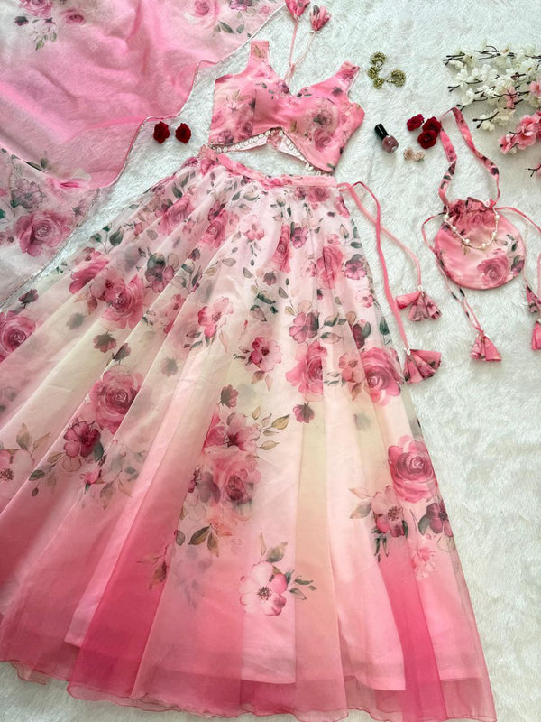 Party Wear Baby Pink Color Silk Digital Print Lehenga Set With Batwa