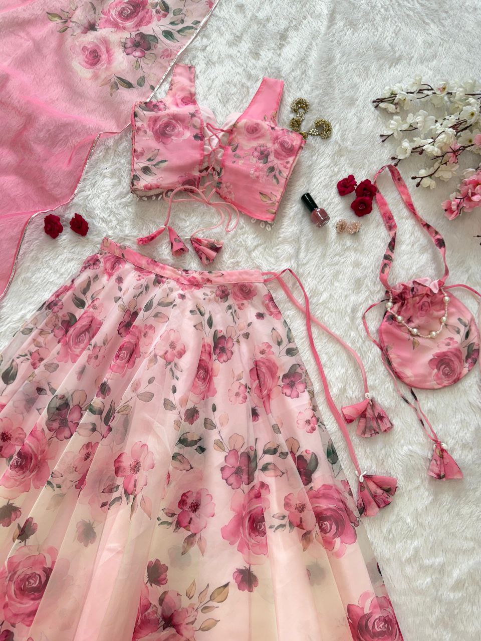 Party Wear Baby Pink Color Silk Digital Print Lehenga Set With Batwa
