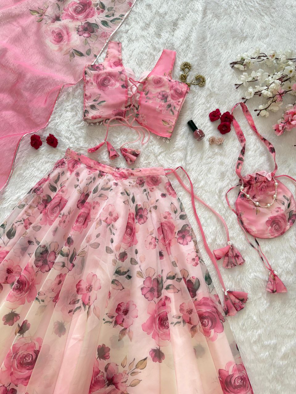Party Wear Baby Pink Color Silk Digital Print Lehenga Set With Batwa