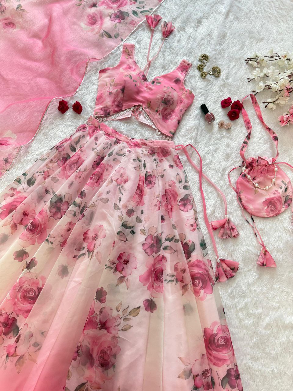Party Wear Baby Pink Color Silk Digital Print Lehenga Set With Batwa