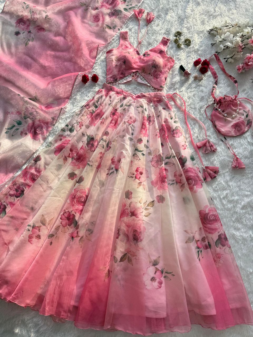 Party Wear Baby Pink Color Silk Digital Print Lehenga Set With Batwa