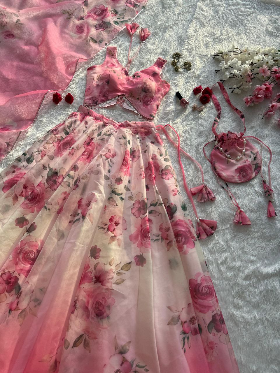 Party Wear Baby Pink Color Silk Digital Print Lehenga Set With Batwa