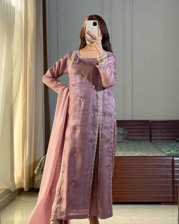 Trendy Lavender Color Pure Jimmy Choo With Embroidery Sequence Work Salwar Palazzo Suit