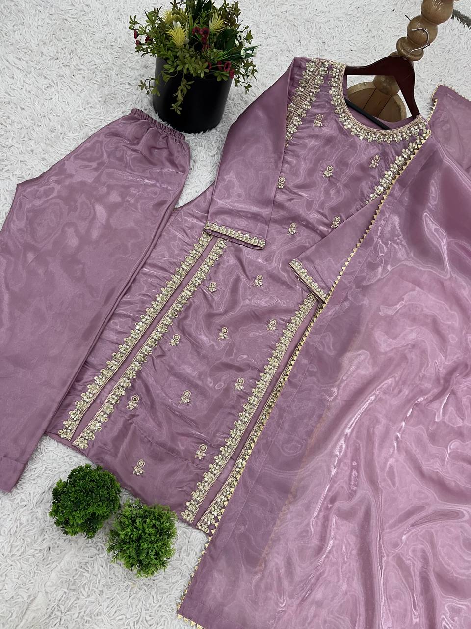 Trendy Lavender Color Pure Jimmy Choo With Embroidery Sequence Work Salwar Palazzo Suit