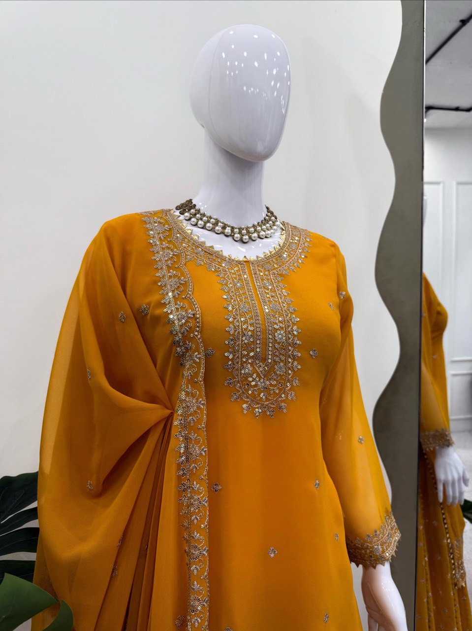 Attractive Mustard Color Embroidered Designer Sharara Suit