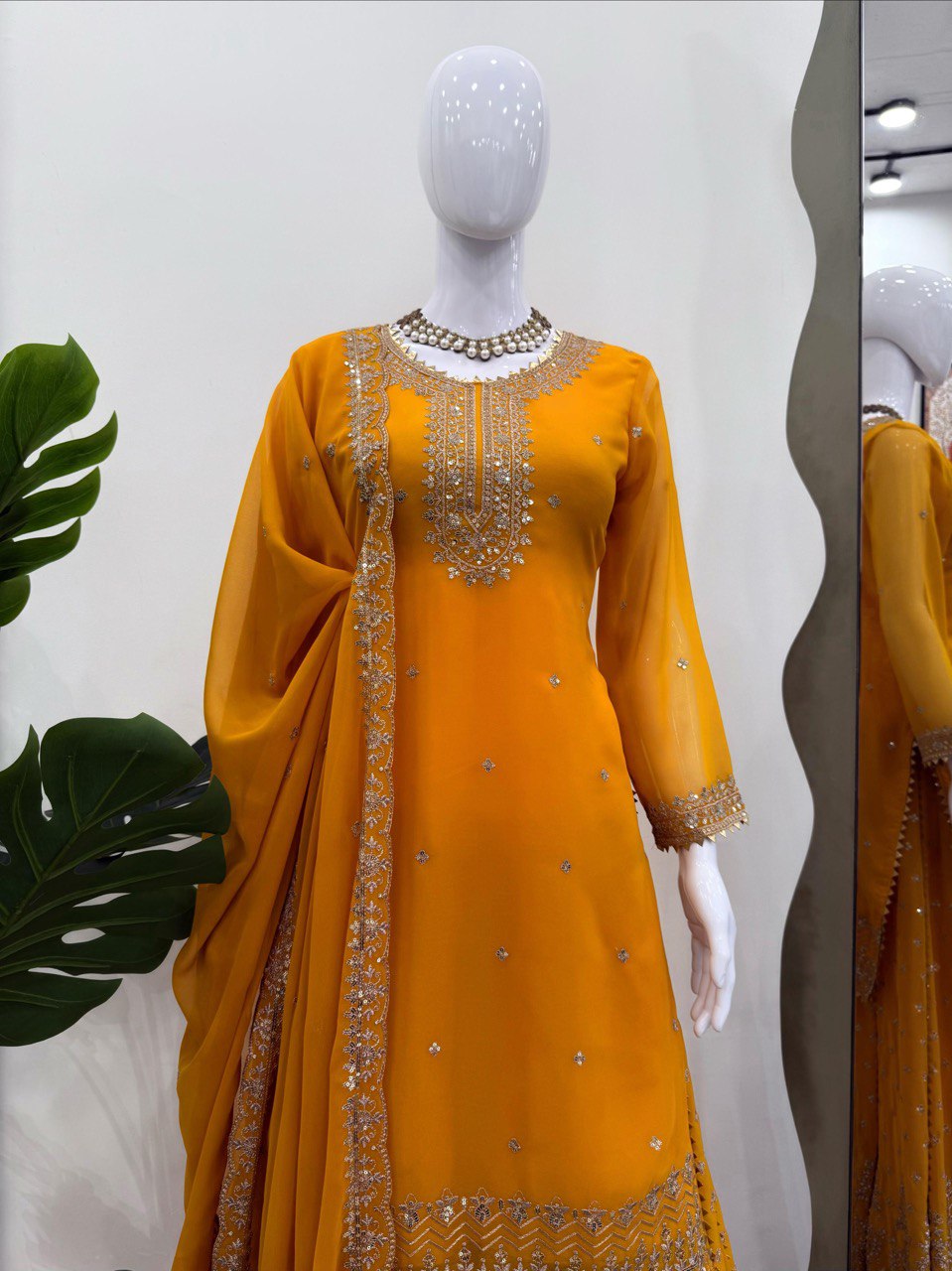 Attractive Mustard Color Embroidered Designer Sharara Suit