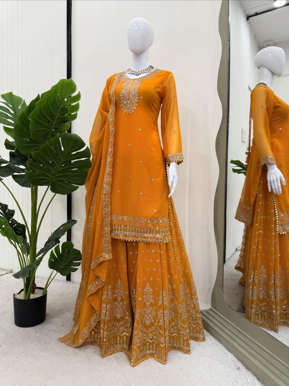 Attractive Mustard Color Embroidered Designer Sharara Suit