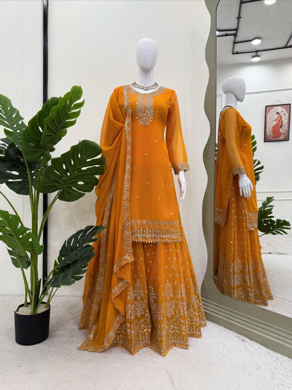 Attractive Mustard Color Embroidered Designer Sharara Suit