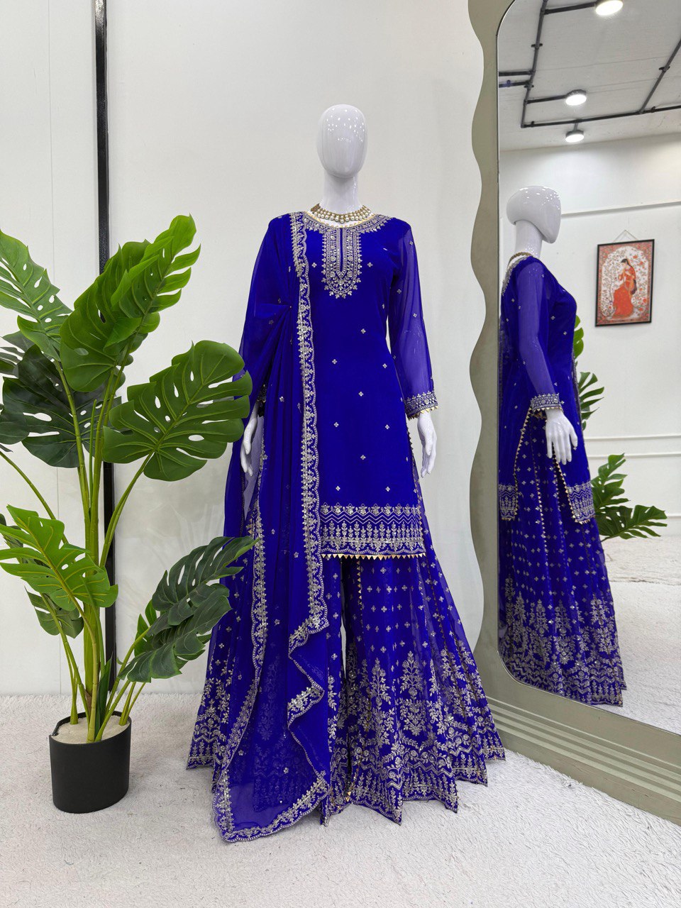 Attractive Blue Color Embroidered Designer Sharara Suit