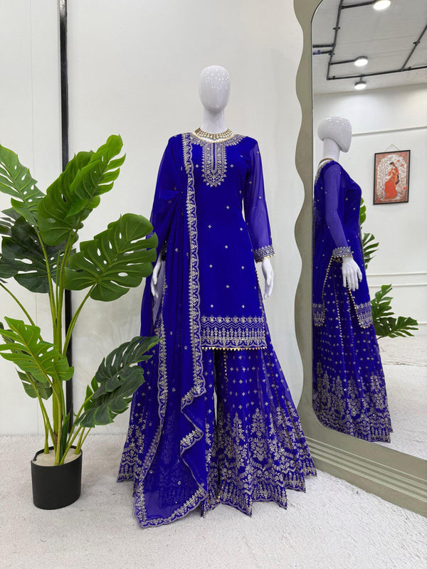 Attractive Blue Color Embroidered Designer Sharara Suit