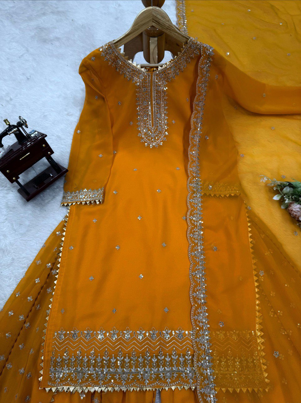 Attractive Mustard Color Embroidered Designer Sharara Suit