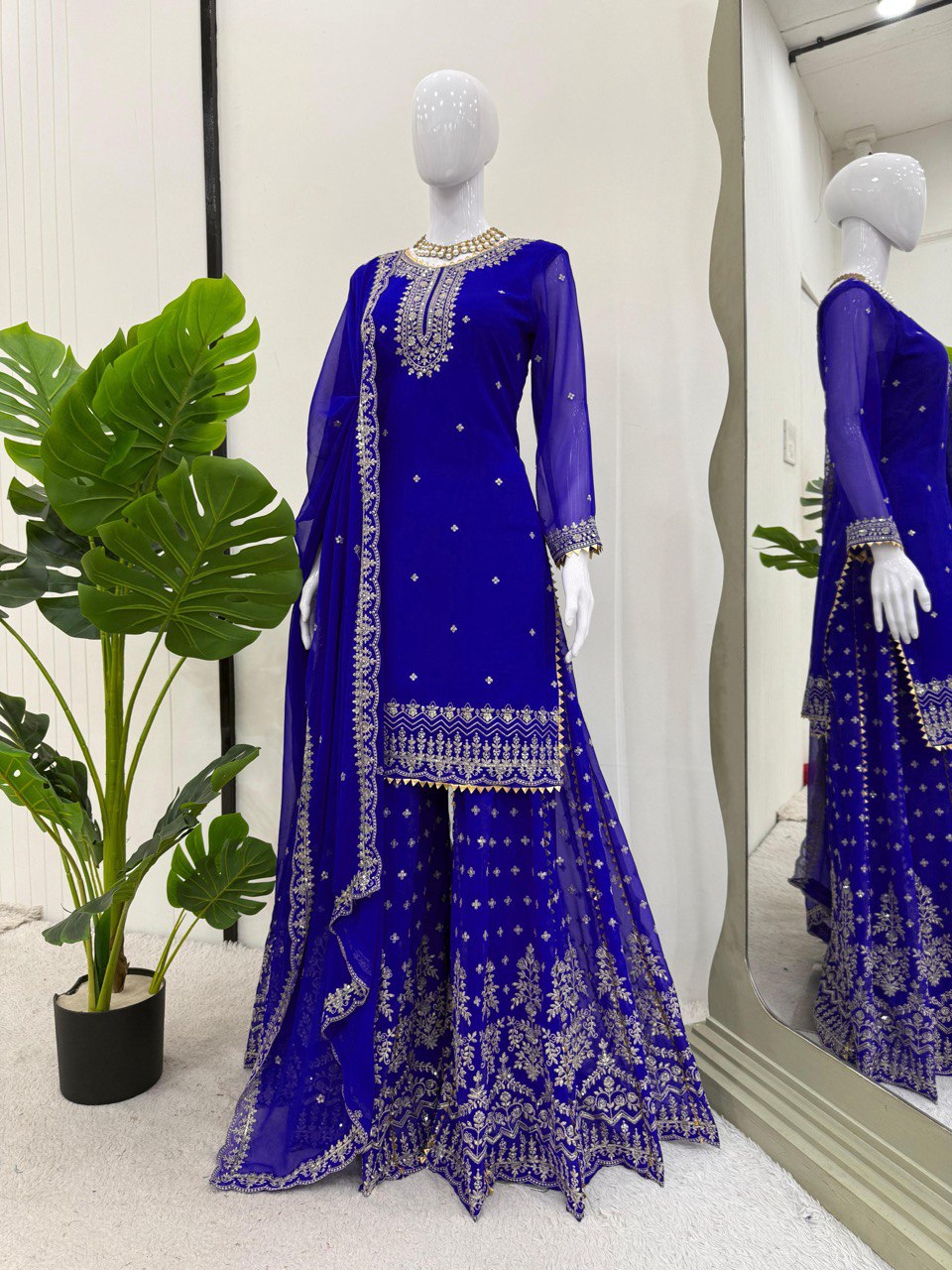 Attractive Blue Color Embroidered Designer Sharara Suit