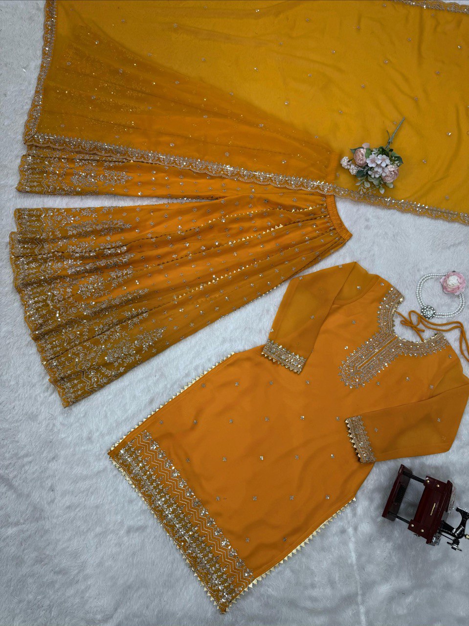 Attractive Mustard Color Embroidered Designer Sharara Suit