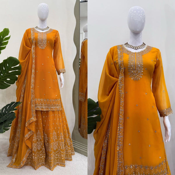 Attractive Mustard Color Embroidered Designer Sharara Suit