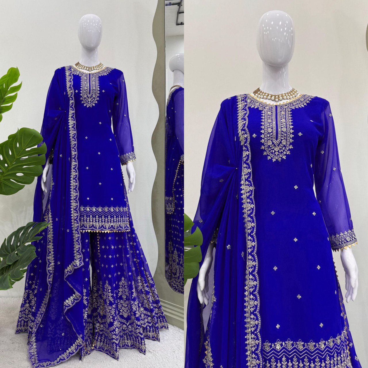 Attractive Blue Color Embroidered Designer Sharara Suit