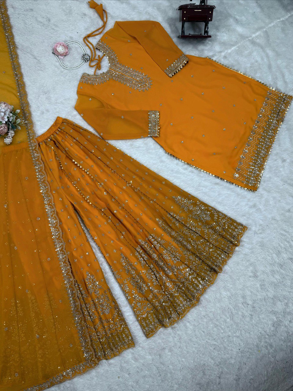 Attractive Mustard Color Embroidered Designer Sharara Suit